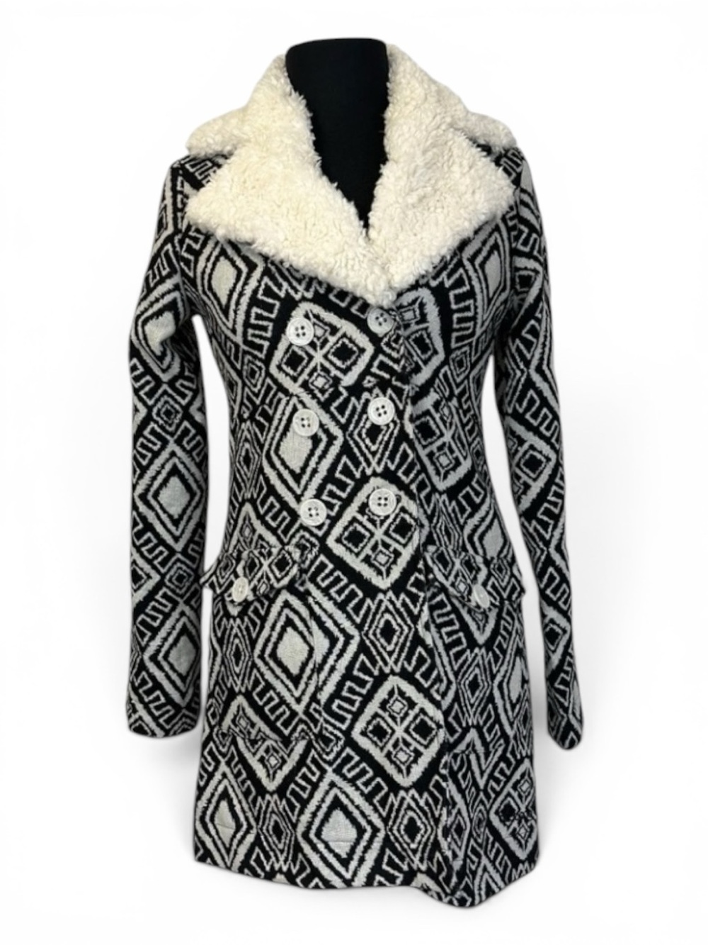 Billabong Black White Aztec Sherpa Collar Double Breasted Wool Blend Coat Small